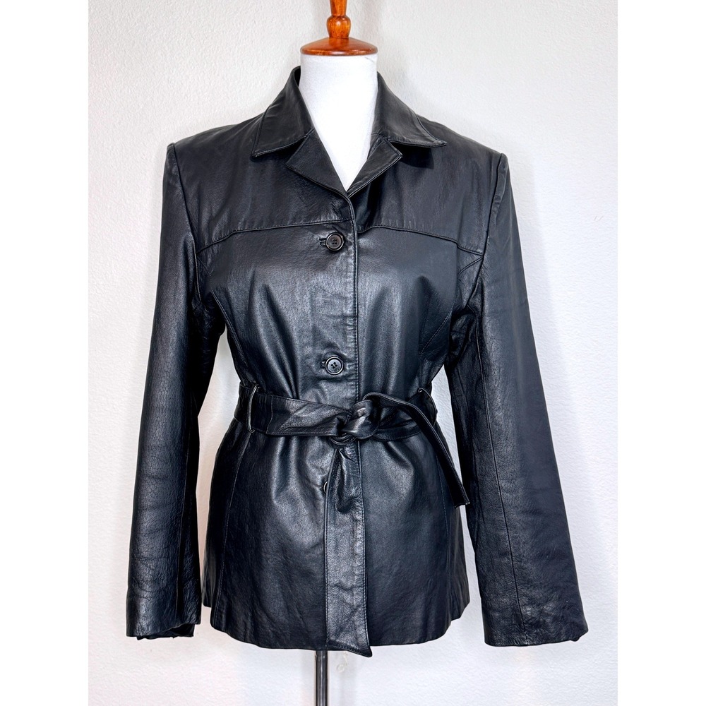 KAMYOS Womens Leather Jacket Small Black Belted Zip Out Fleece Liner